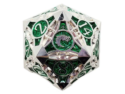 Old School Dice: 40mm D20 Metal Die: Gnome Forged - Silver with Green