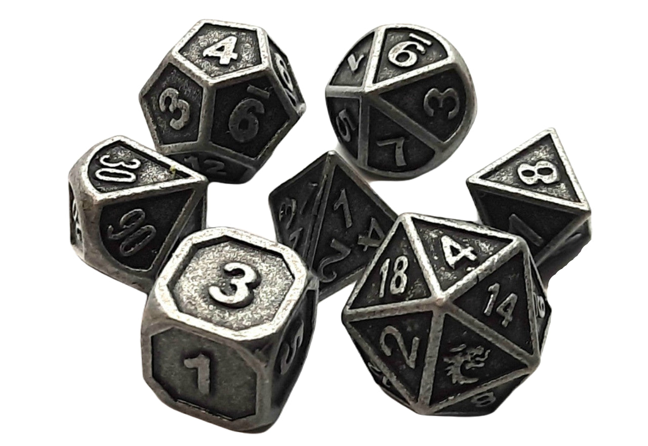 Old School Dice: 7 Piece Dice Set Dwarven Forged Ancient Silver