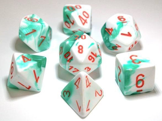 Chessex Dice: 7 Die Set - Gemini - Mint Green-White with Orange (CHX 30020) - Gamescape