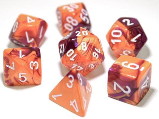 Chessex Dice: 7 Die Set - Gemini - Orange-Purple with White (CHX 30021) - Gamescape