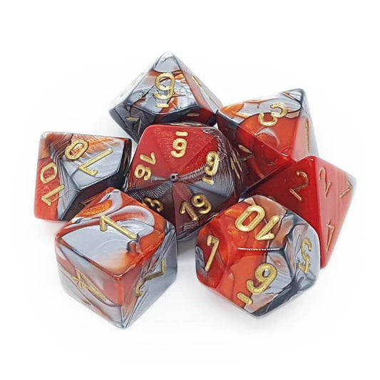 Chessex Dice: 7 Die Set - Gemini - Orange-Steel with Gold (CHX 26461) - Gamescape