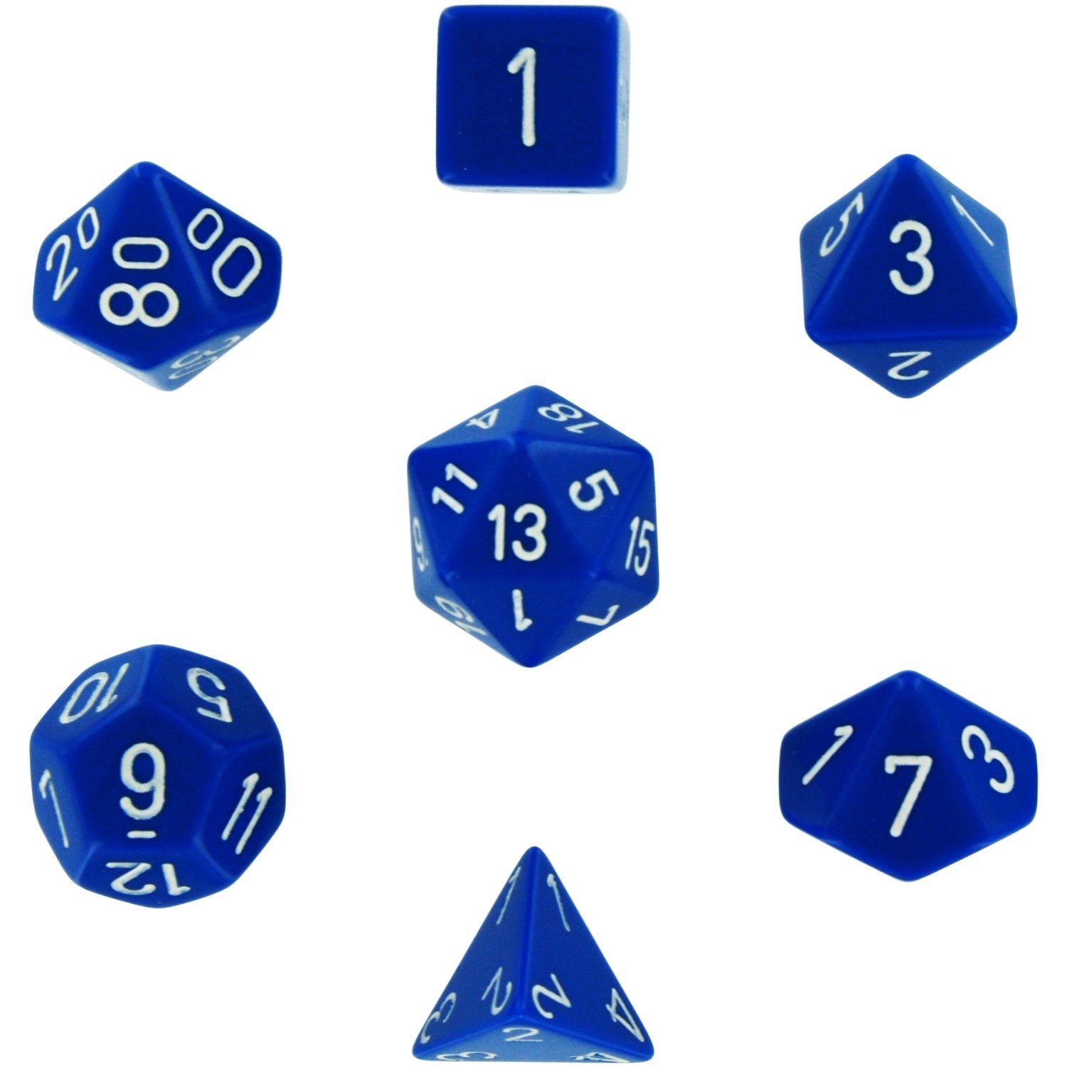 Chessex: 7 Piece Dice Set Opaque Blue with White – Gamescape