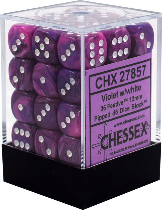 Chessex Dice: D6 Block 12mm - Festive - Violet with White (CHX 27857) - Gamescape