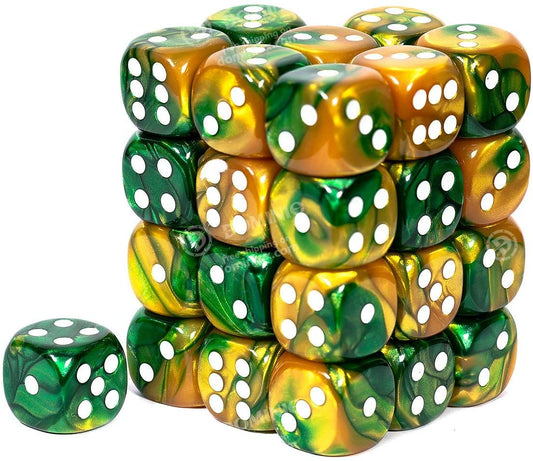 Chessex Dice: D6 Block 12mm - Gemini - Gold-Green with White (CHX 26825) - Gamescape