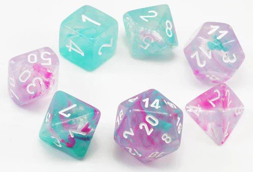 Chessex Dice: Mini 7 Die Set - Nebula - Wisteria with white (CHX 20545) - Gamescape