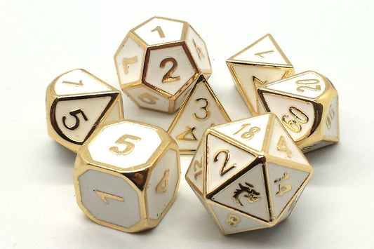 Old School Dice: 7 Die Set - Metallic - Elven Forged - White with Gold - Gamescape