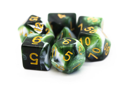 Old School Dice: 7 Die Set - Vorpal - Green & White with Gold - Gamescape